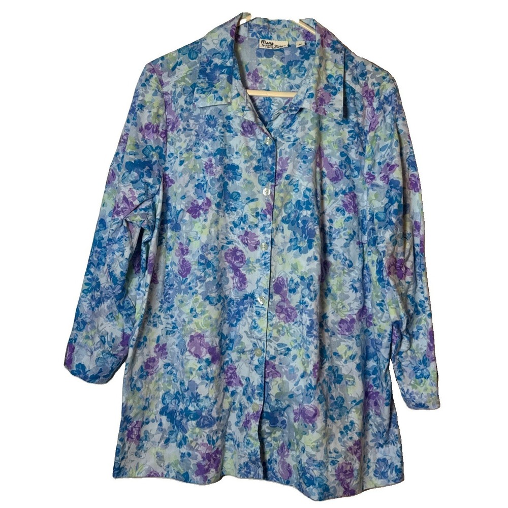 Studio Works Womens 2X Floral Button Front Blouse 3/4 Sleeve Blue Purple